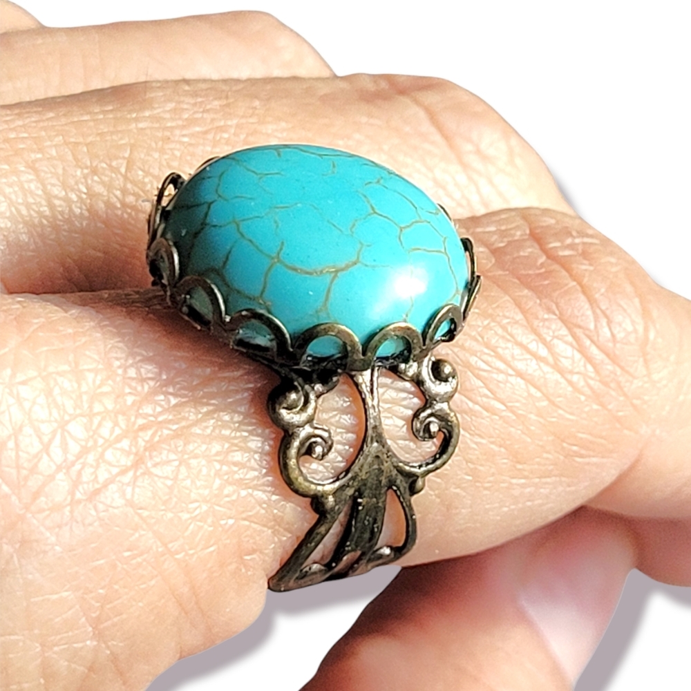 Turquoise Victorian Style Cabochon French Copper Filigree Ring, 8